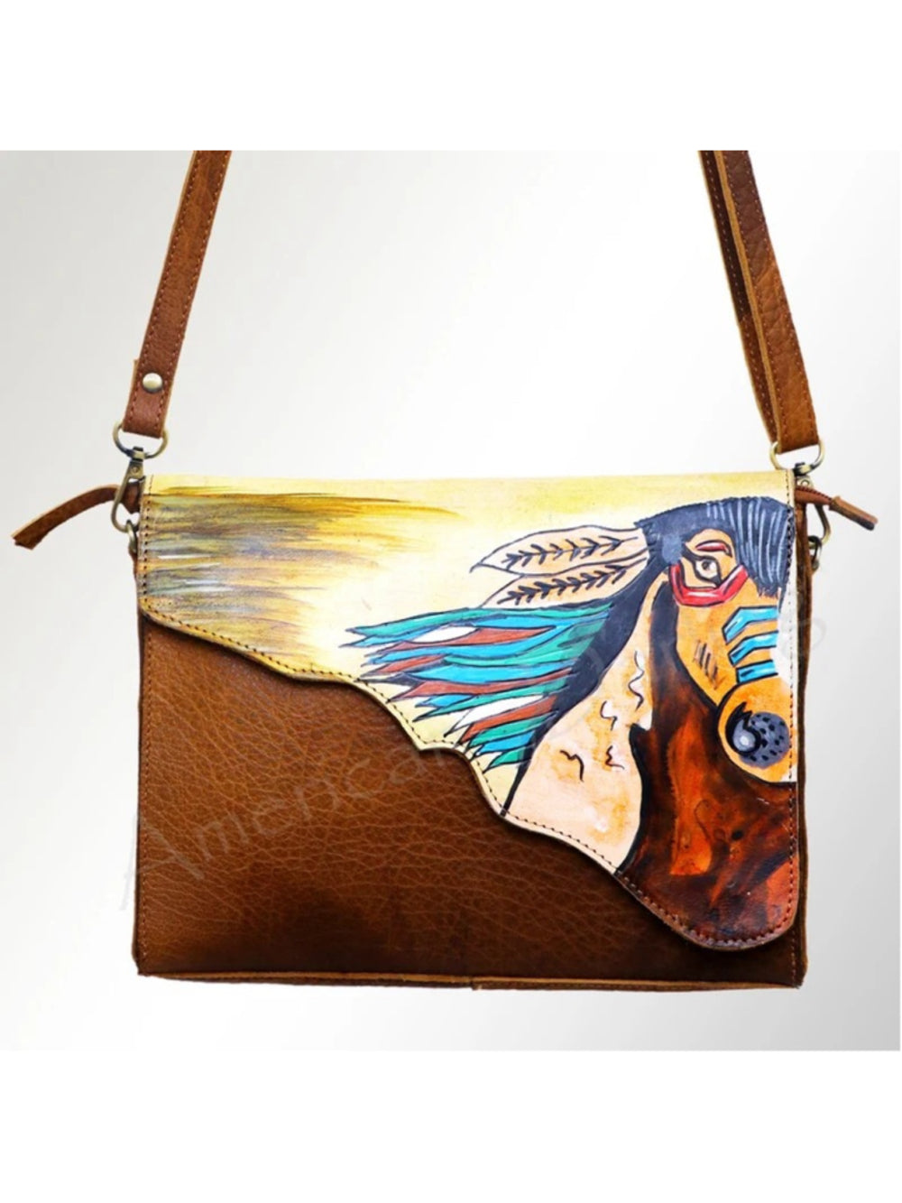 American Darling Wild Spirit Artisan Tooled Leather Crossbody Bag-Horse