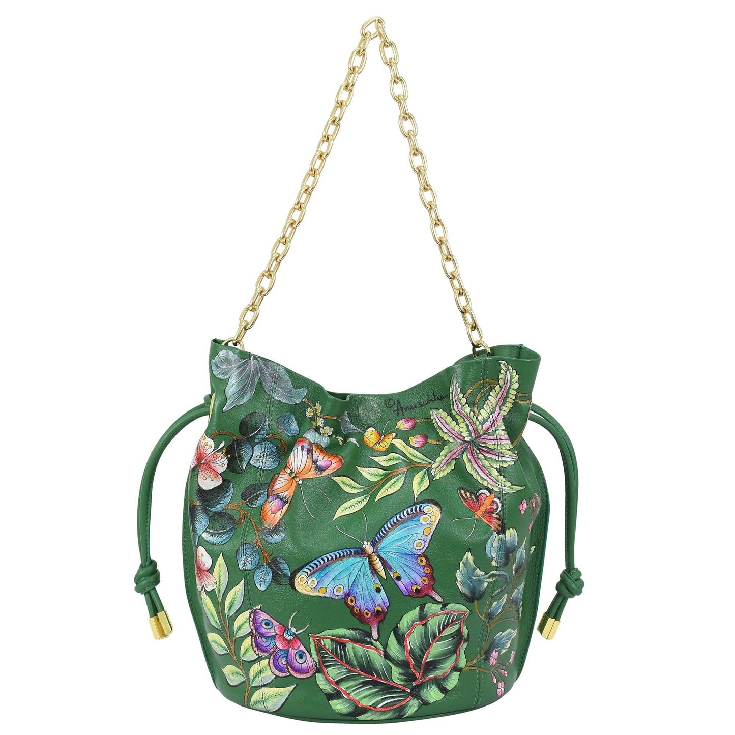 Anuschka Drawstring Bucket Bag - 723-green with butterfly