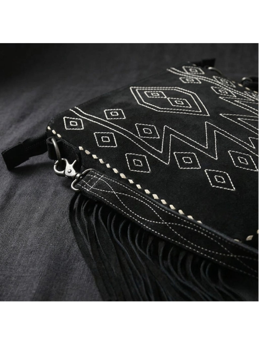 American Darling Black Suede Stitched Boho Fringe Western Crossbody Bag