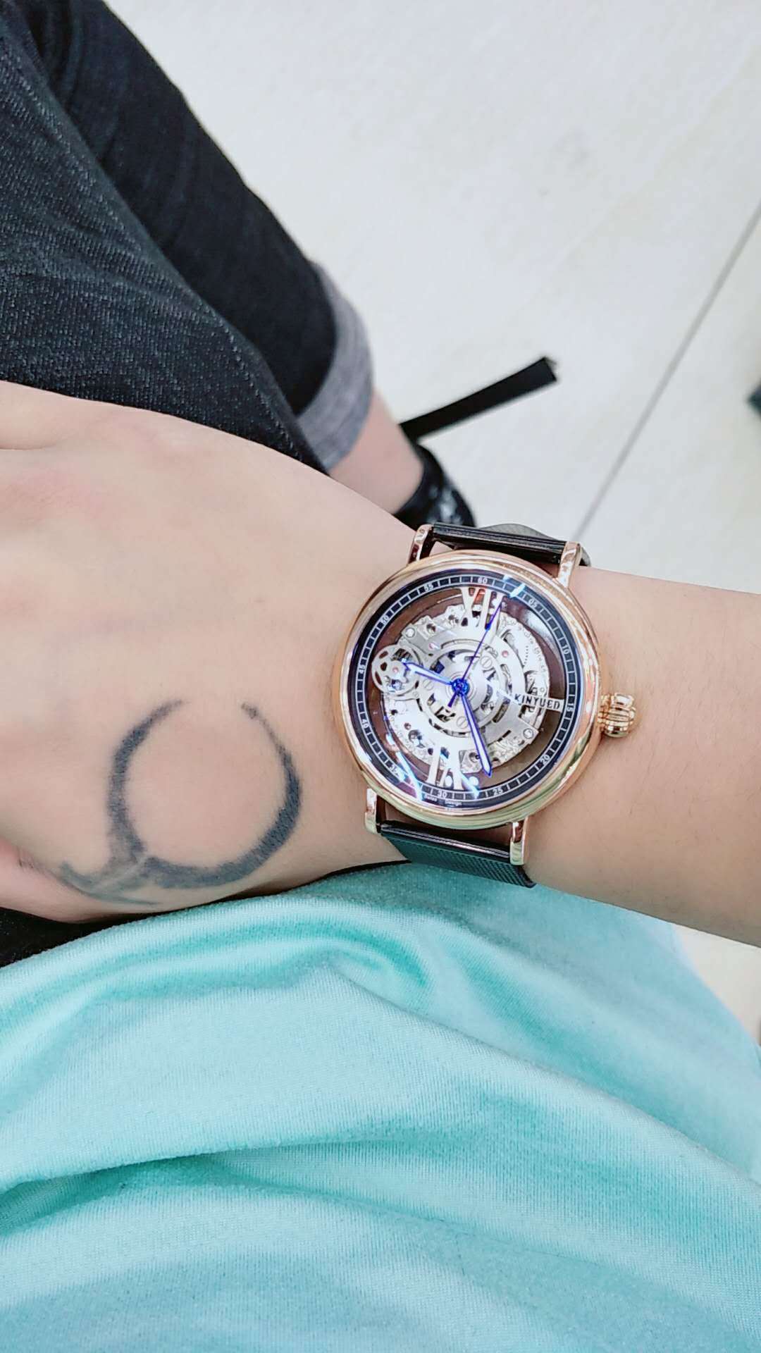 Mens Flywheel Automatic Mechanical Watch Rose Gold White Dial Luminous Hands