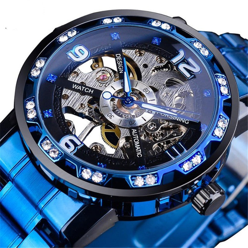 Mens Hollow Rhinestone Manual Mechanical Watch