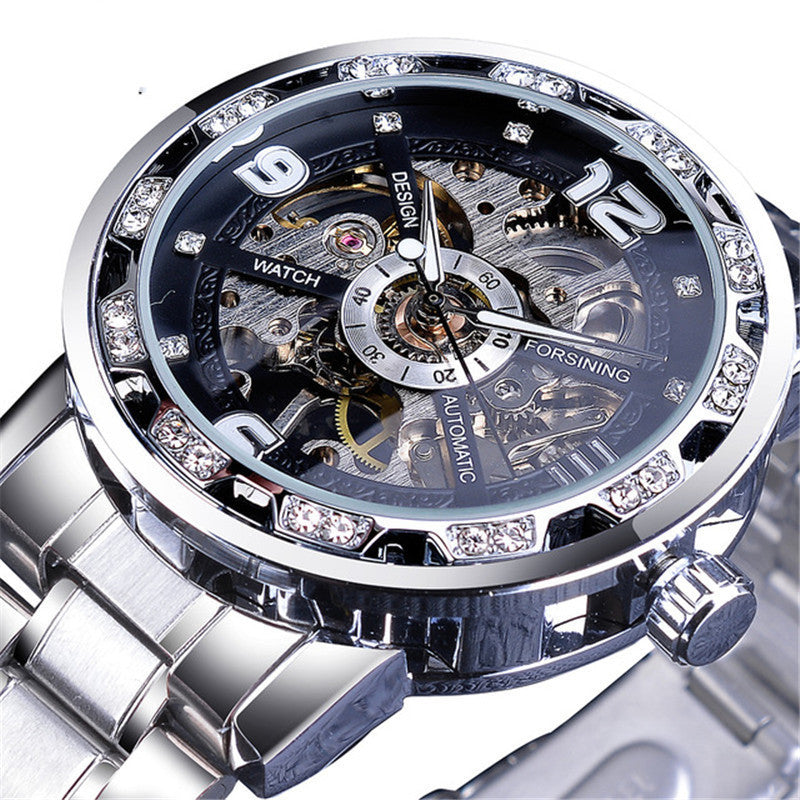 Mens Hollow Rhinestone Manual Mechanical Watch