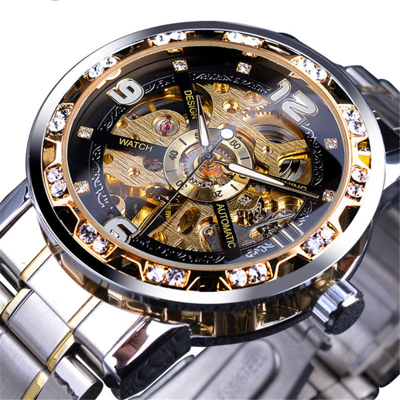 Mens Hollow Rhinestone Manual Mechanical Watch