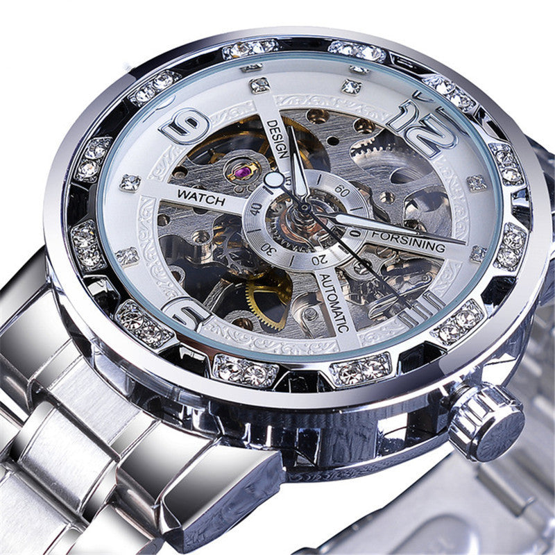 Mens Hollow Rhinestone Manual Mechanical Watch