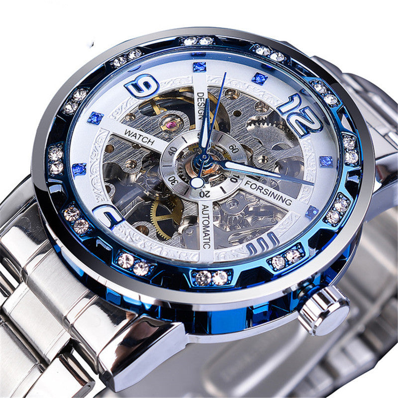 Mens Hollow Rhinestone Manual Mechanical Watch