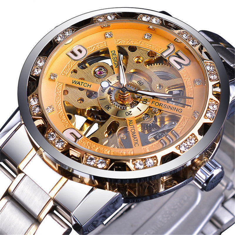 Mens Hollow Rhinestone Manual Mechanical Watch