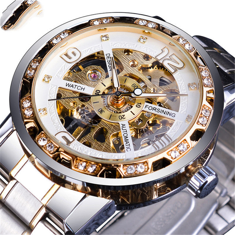 Mens Hollow Rhinestone Manual Mechanical Watch