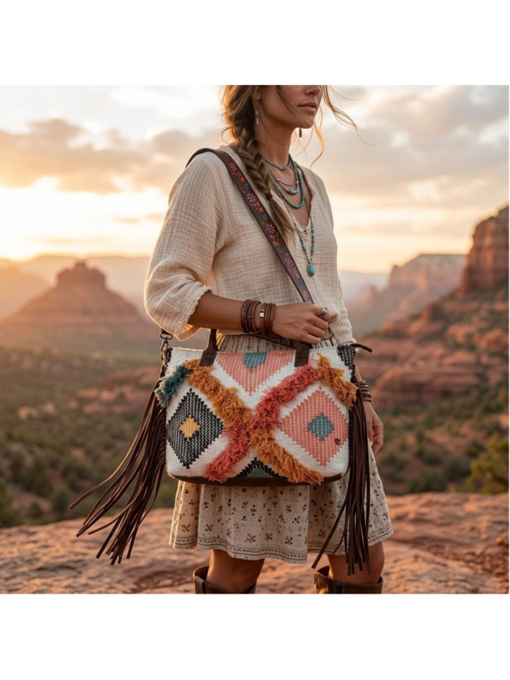 American Darling Sunrise and Dark Skys Boho Fringe Embroidered 4 in 1 Satchel