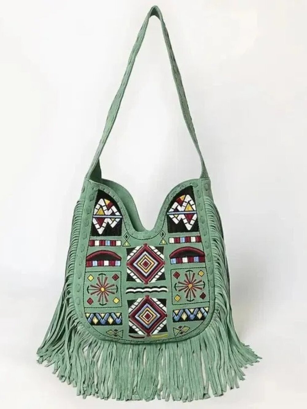 American Darling Sage Green Fringe Tribel embroidered Hobo Bag