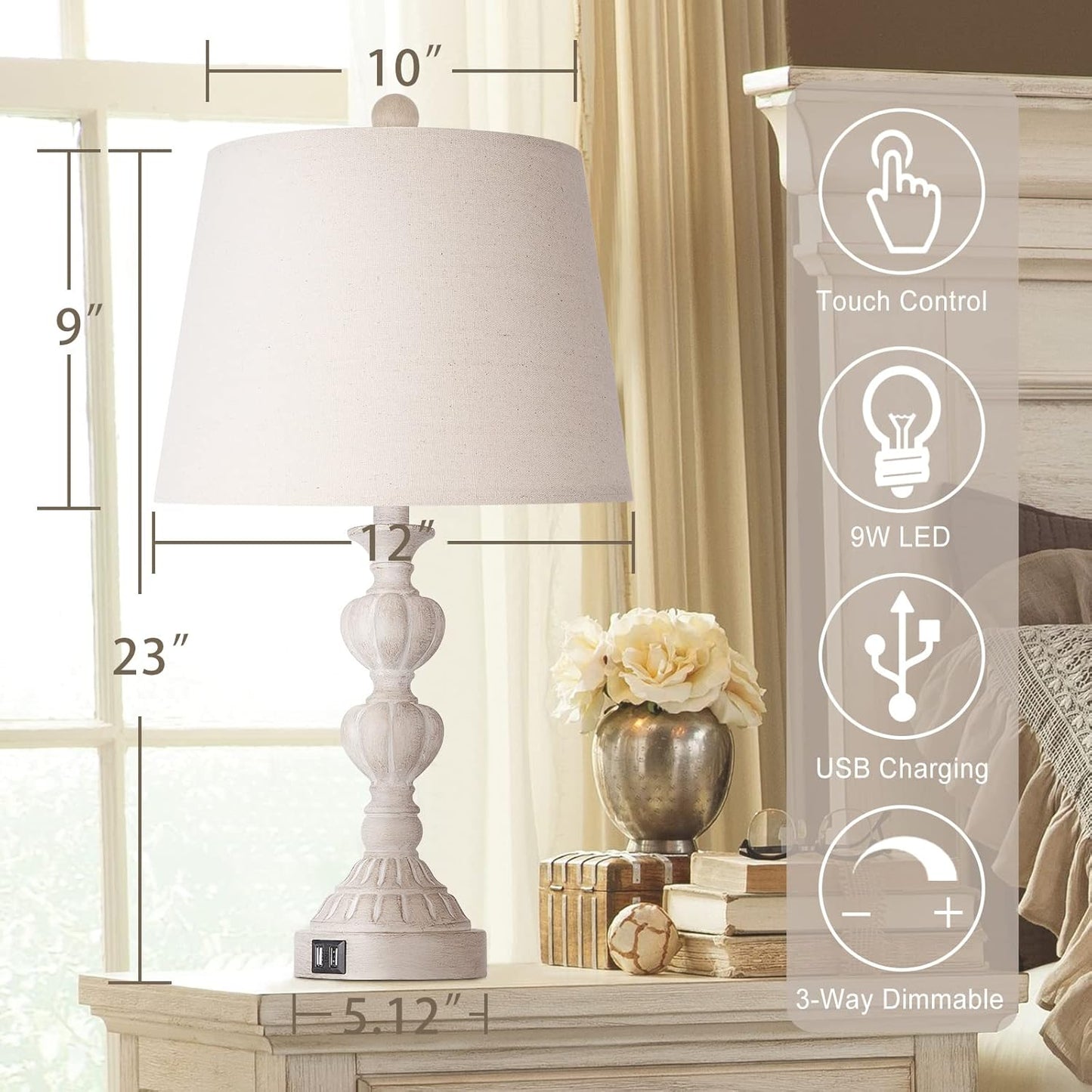 Touch Control Coastal Farmhouse Table Lamp Set Of 2, 3-Way Dimmable Bedside Lamp With 2 USB Charging Ports, French Country Style Nightstand Lamp For Living Room, Bedroom - Washed White