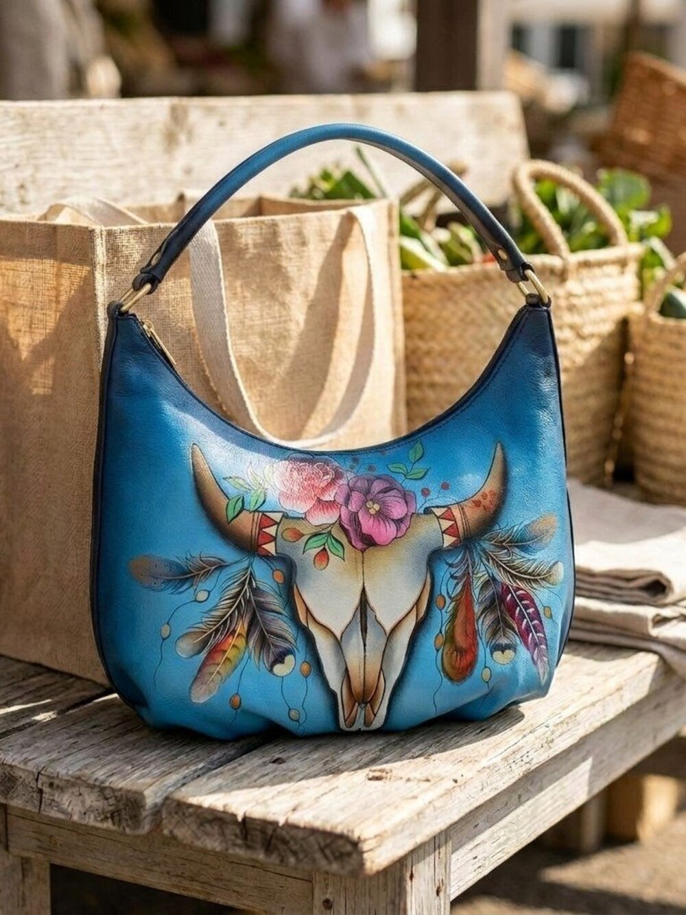 Anuschka Handpainted blue ombre Boho Spirit Skull Hobo Bag