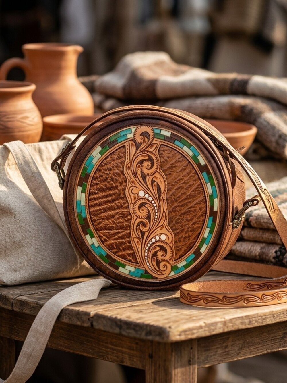 American Darling Boho Mosaic Carved Circle Canteen Bag