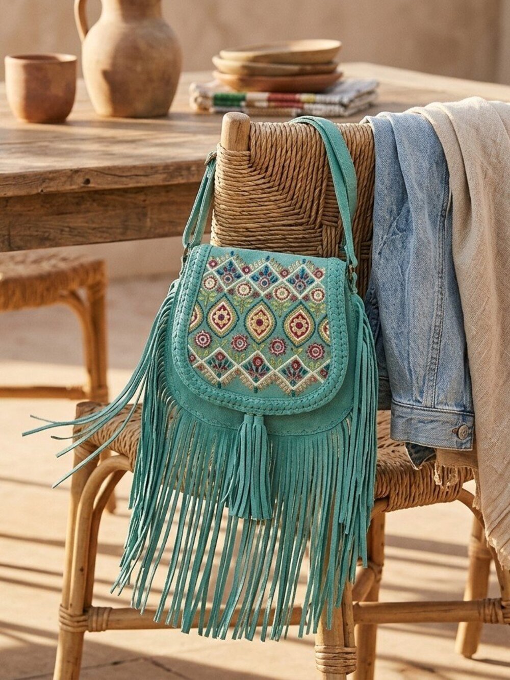 Myra Mojave Meadow Jade Turquoise Tulles BohoLeather Bag in Turquoise