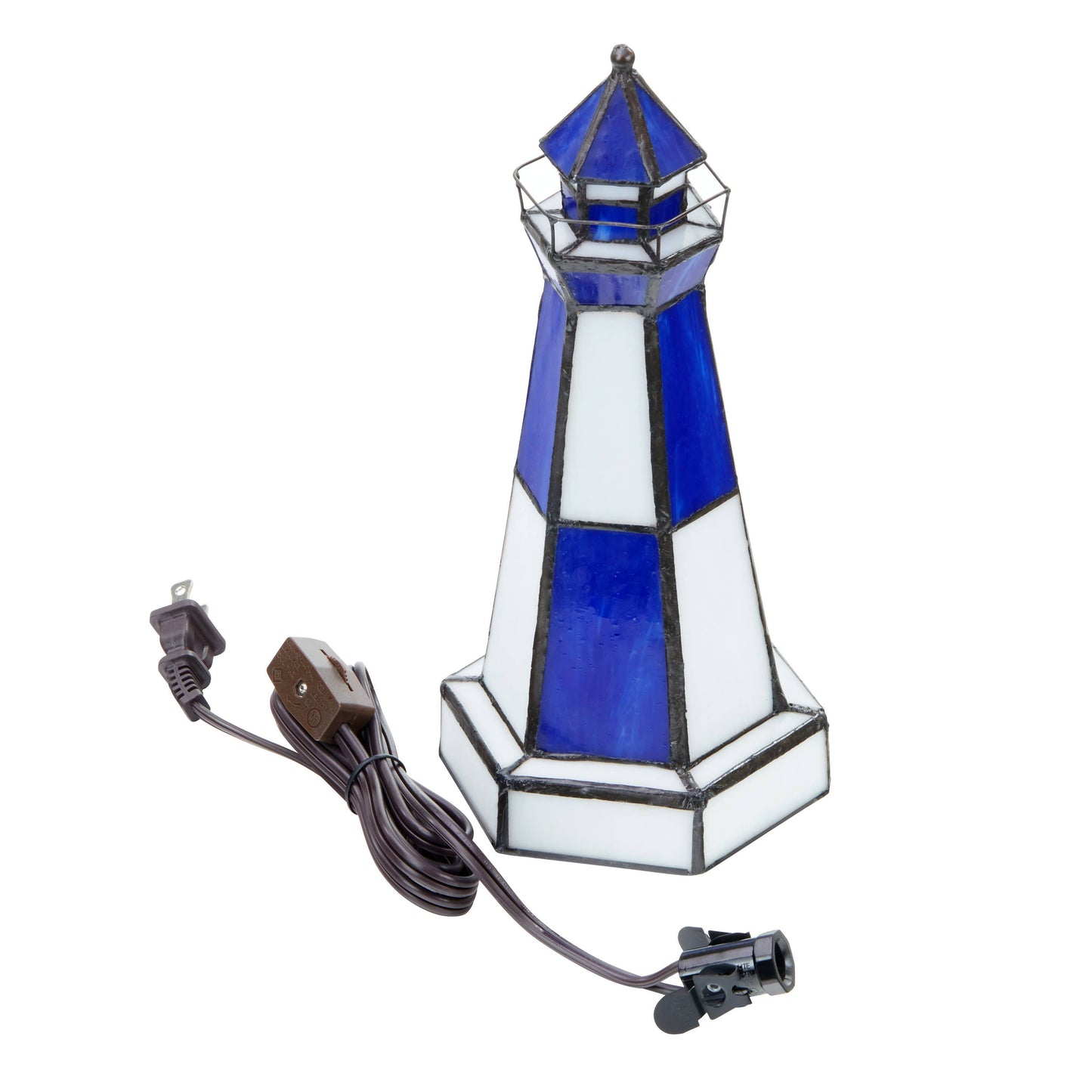 10.4"H Tiffany-Style  Blue & White Stained Glass Lighthouse Accent Lamp