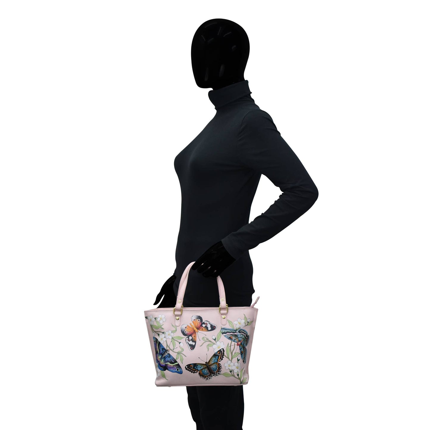 Anuschka Hand-Painted Leather Medium Tote - 693-dusty pink with butterfly