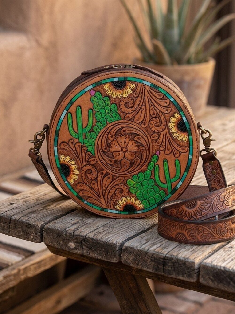American Darling Desert Sunflower Bloom Tooled Crossbody Canteen Bag