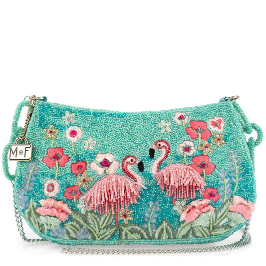 Flirty Flamingos Beaded Pink Flamingos Crossbody Handbag
