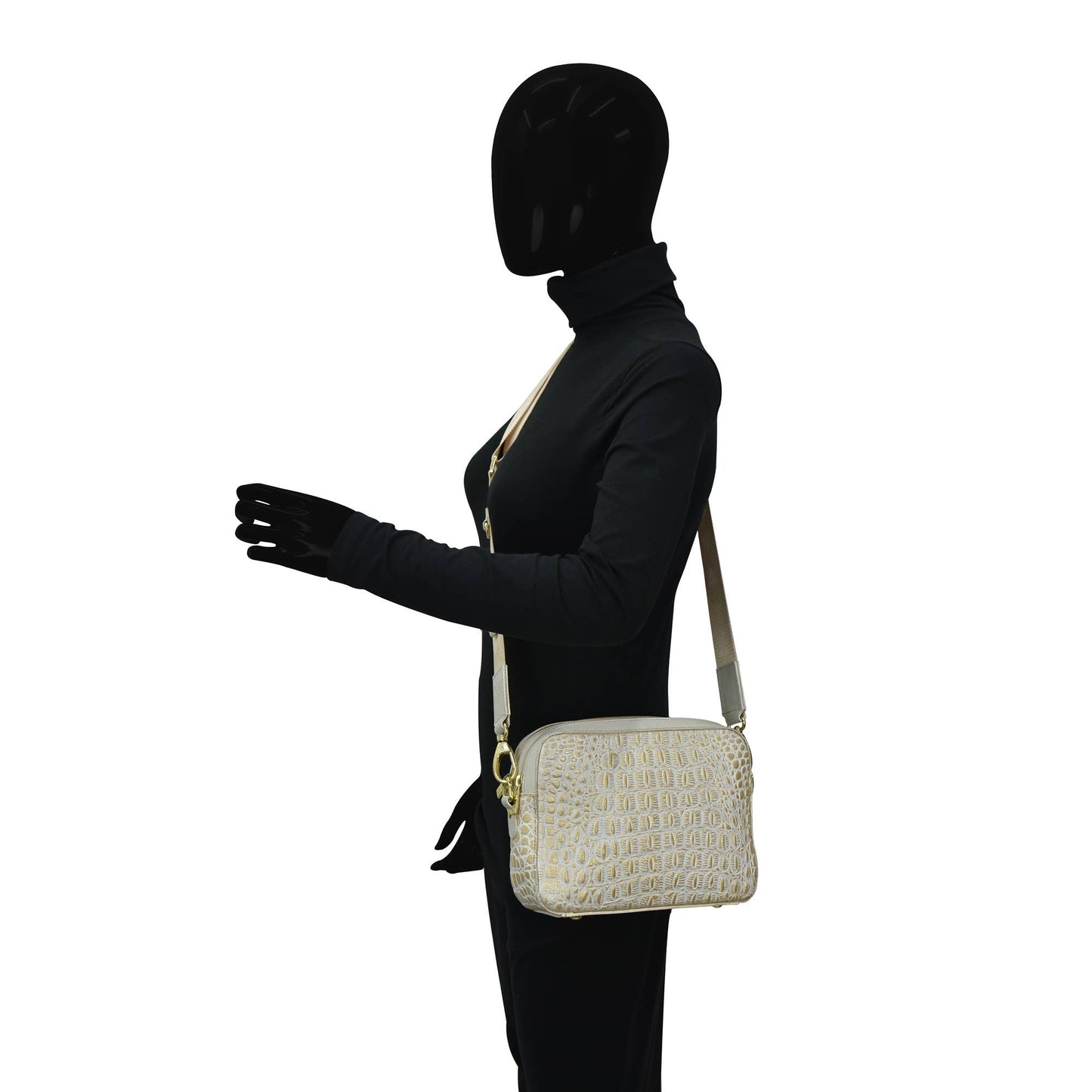 Anuschka Croc Embossed Leather Twin Top Messenger - 704 pearl