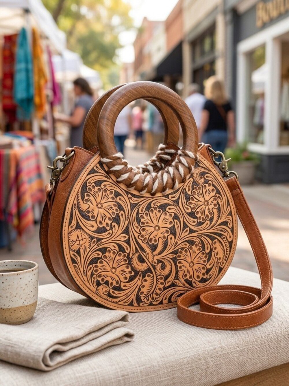 American Darling Boho Carved Wood Handle Crossbody Bag