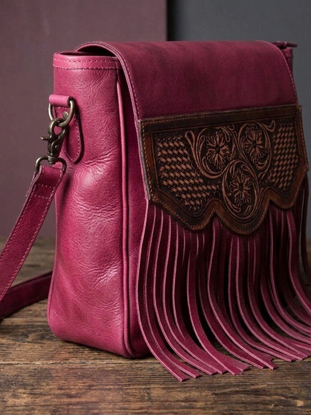 Magenta Western Fringe Leather Crossbody Bag