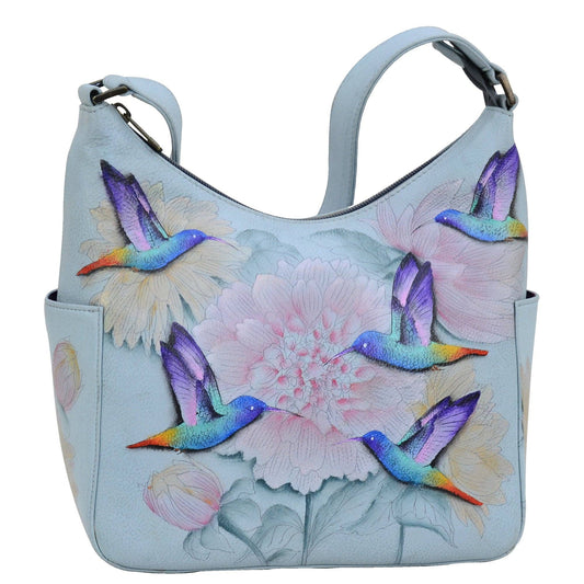 Anuschka Hand-Painted Leather Classic Hobo With Side Pockets - 382- Hummingbird