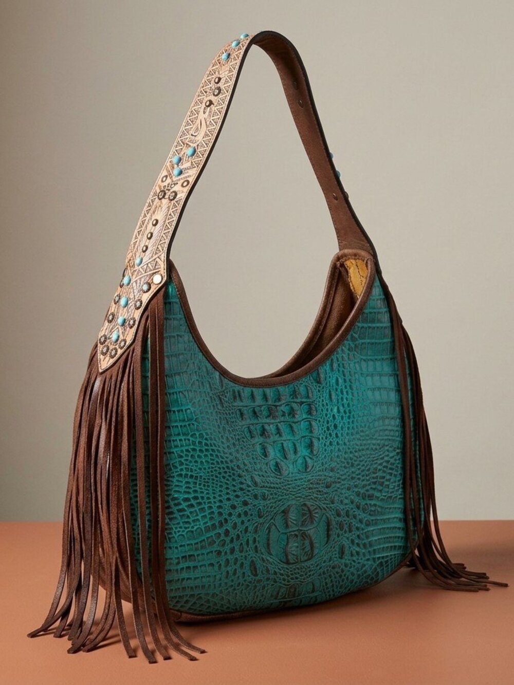 American Darling Turquoise Croc Fringe Shoulder Bag
