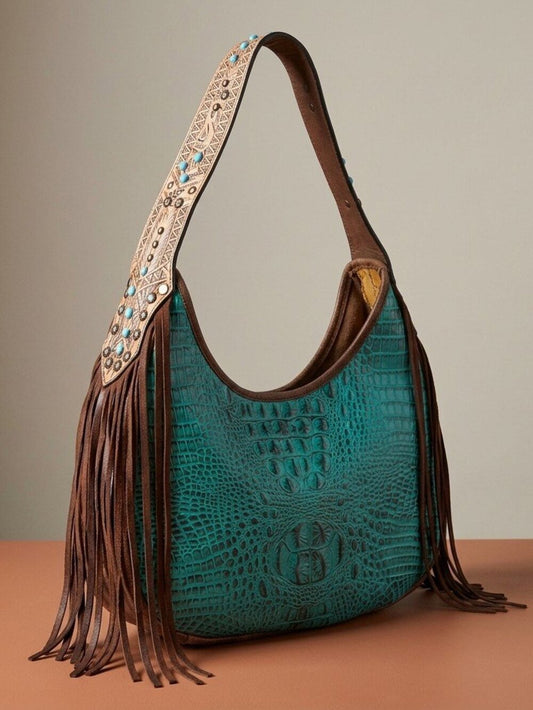 American Darling Turquoise Croc Fringe Shoulder Bag