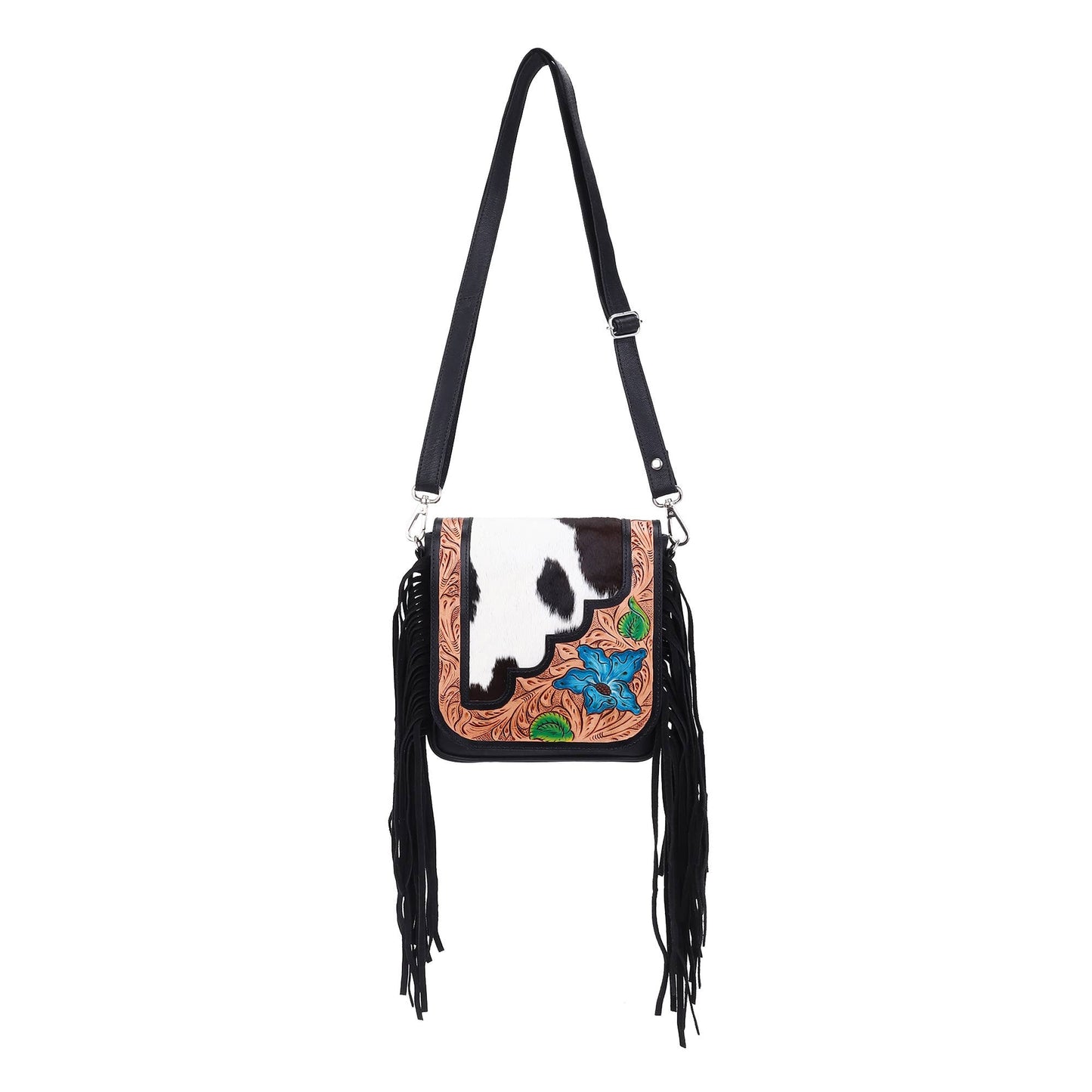 Hummingbird Blooms Leather Tooled Fringed crossbody