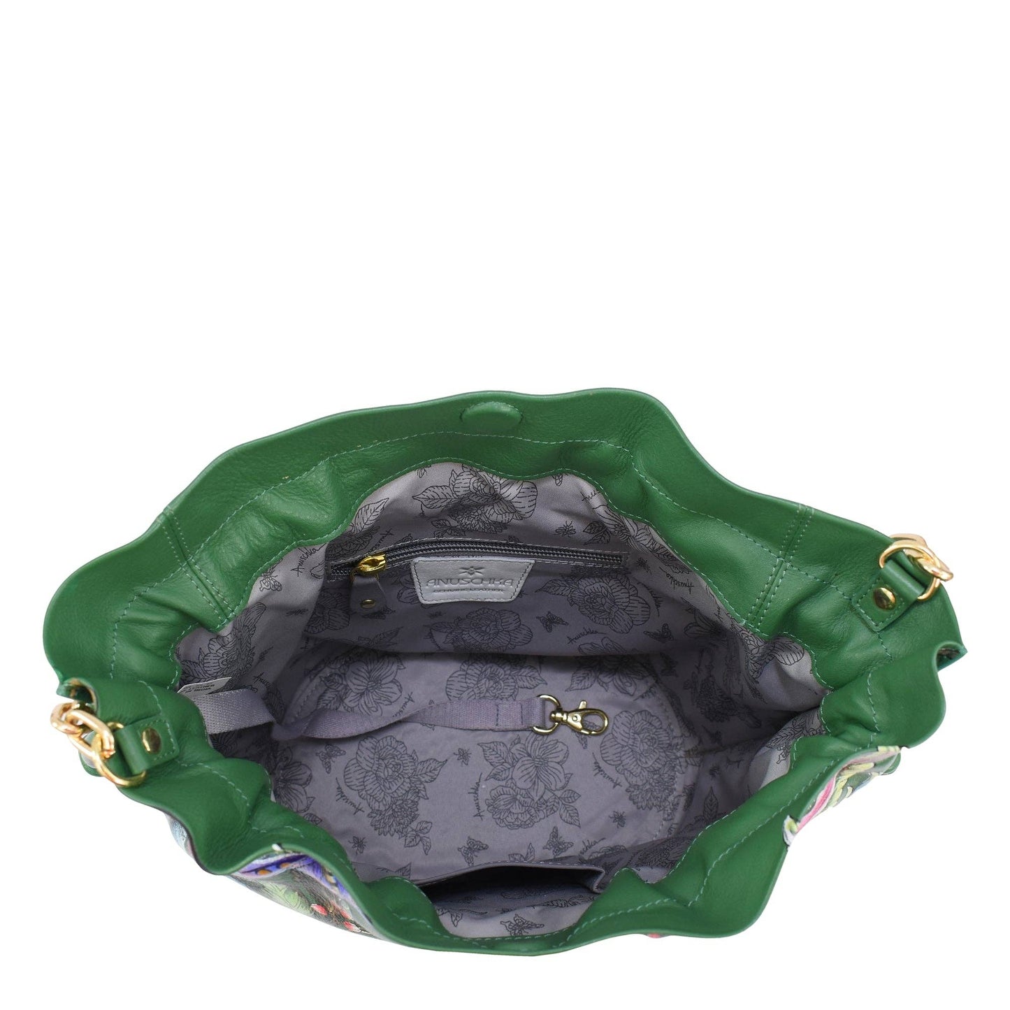 Anuschka Drawstring Bucket Bag - 723-green with butterfly