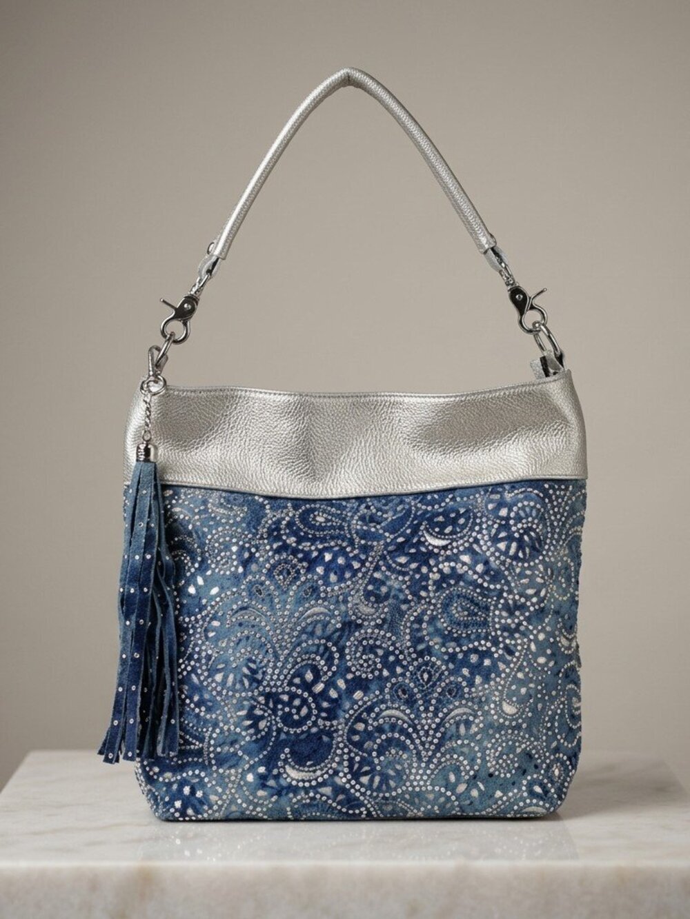 Denim layered Pewter Tassel Hobo Bag with Rhinestones