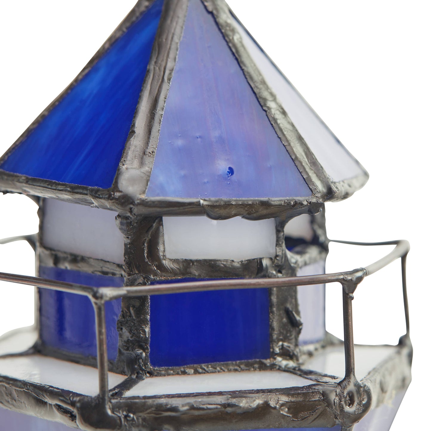 10.4"H Tiffany-Style  Blue & White Stained Glass Lighthouse Accent Lamp