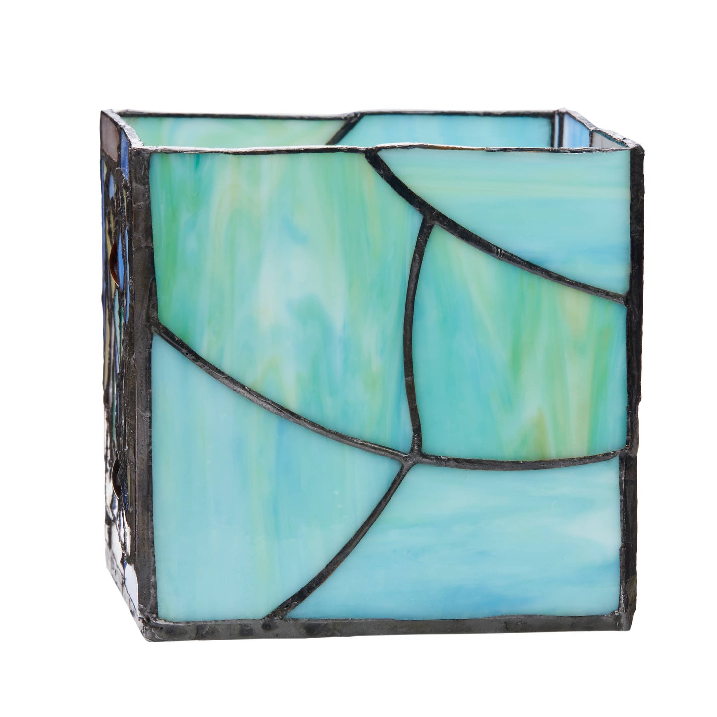 4.75"H Ilsa  Blue Flourishes Stained Glass Candle Holder