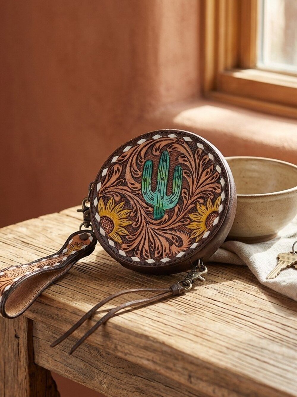 American Darling Desert Sunflower Bloom Leather Wristlet