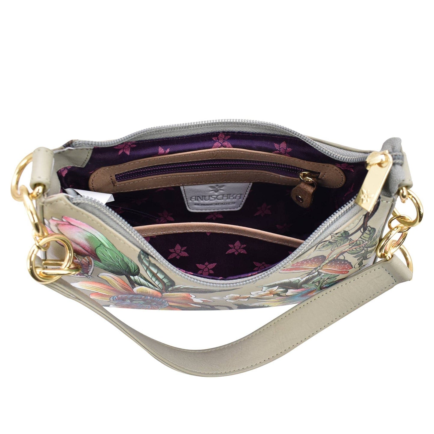 Anuschka Hand-Painted Leather Small Convertible Hobo - 701- olive green floral with dragonfly