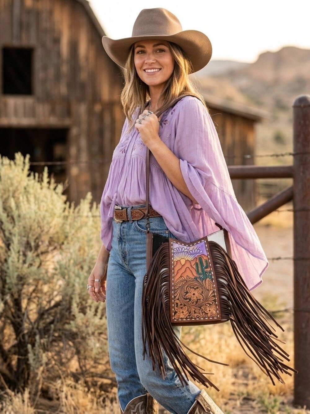 American Darling Desert at Dusk Fringe Tooled Crossbody