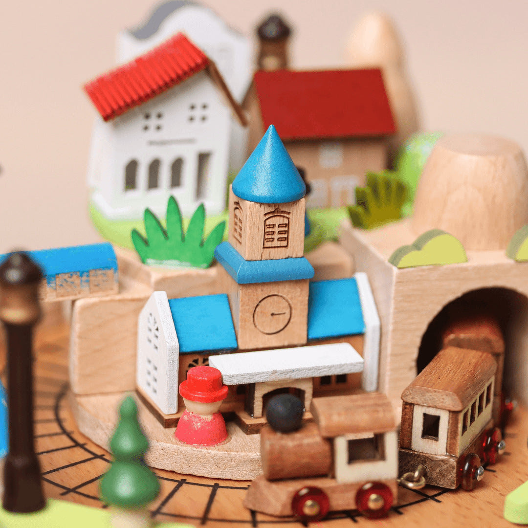 Handmade Wooden Music Box with rotating train
