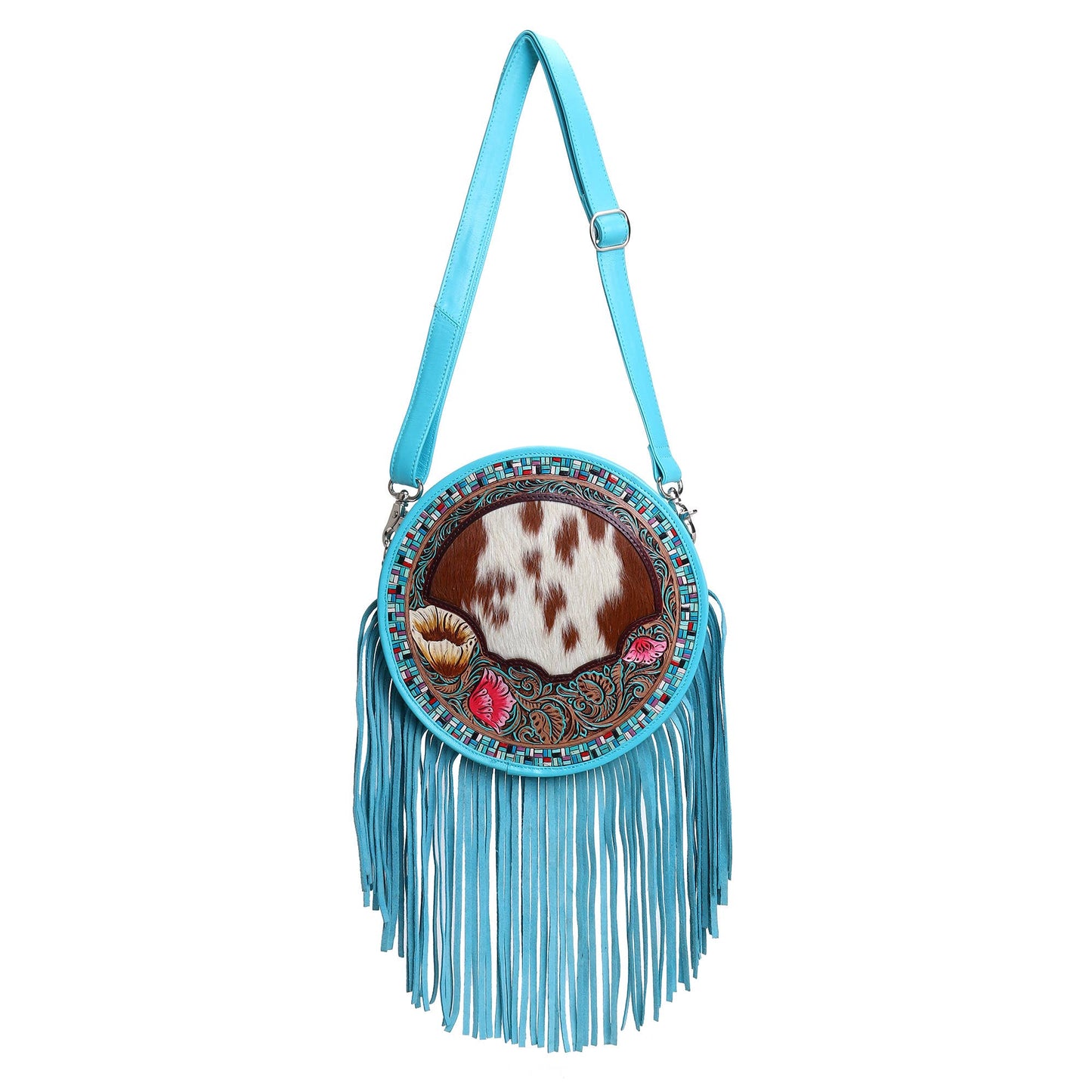 Leather Cowhide Western Hand Tooled Women's Round Crossbody Brown and White
