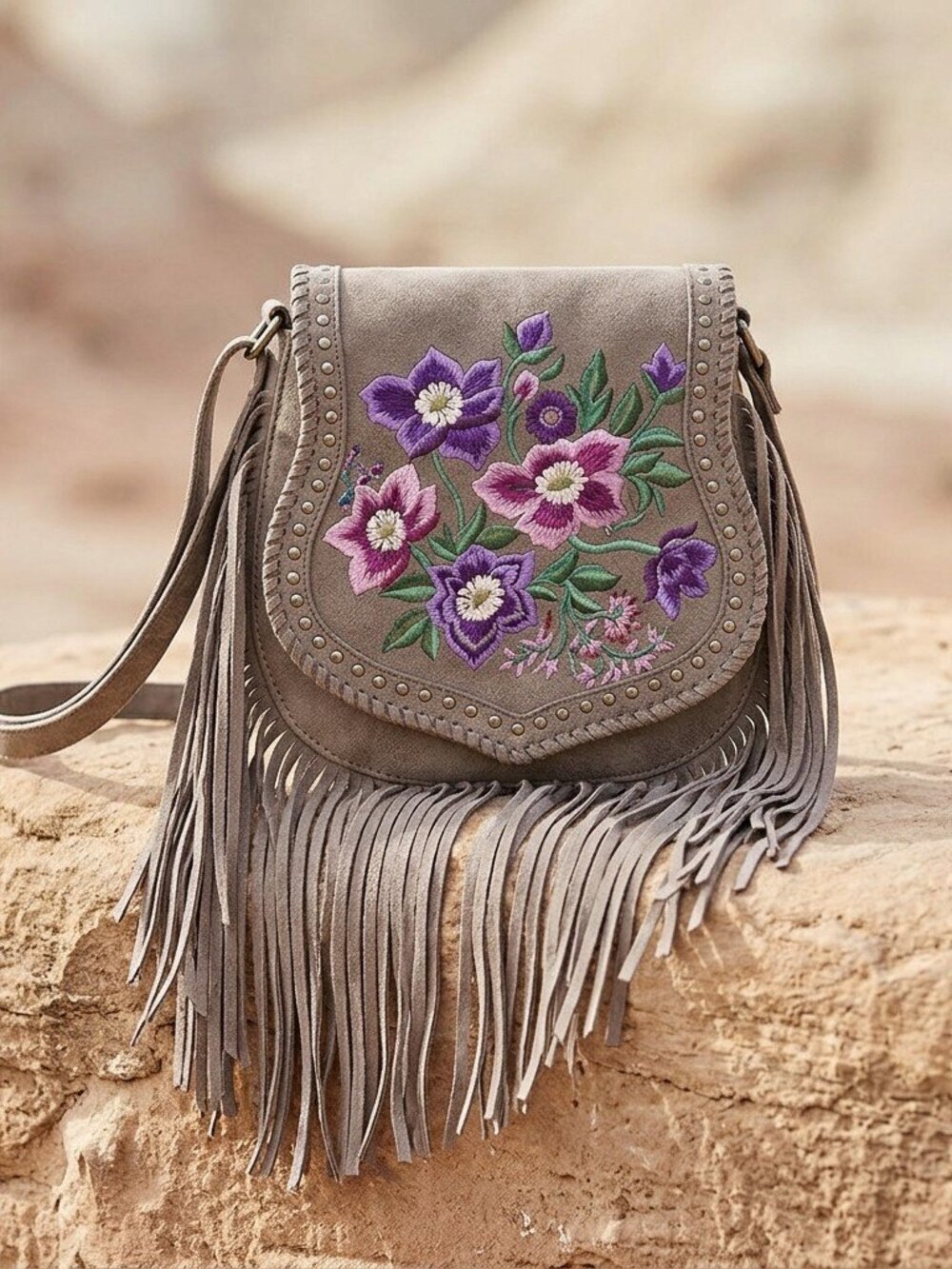 Myra Mojave Meadow Leather Bag in Wild Clay- Boho Lilac Dreams Fringe Crossbody