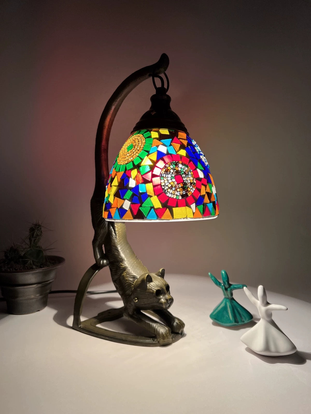 Handmade Glass Table Lamp In The Shape Of A Laid-Back Cat