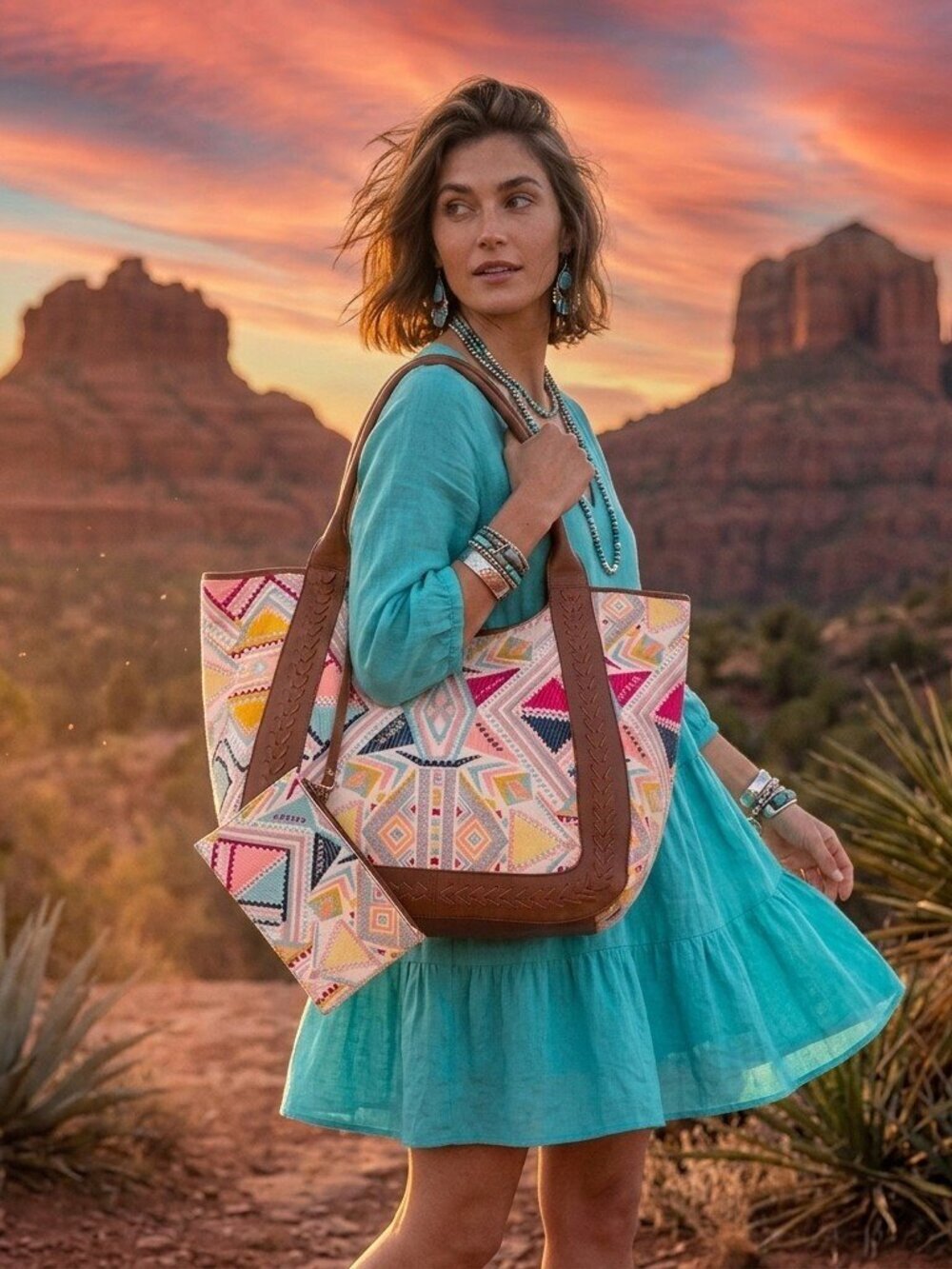 Sedona Horizon Jacquard Tote Bag in Sunset Coral