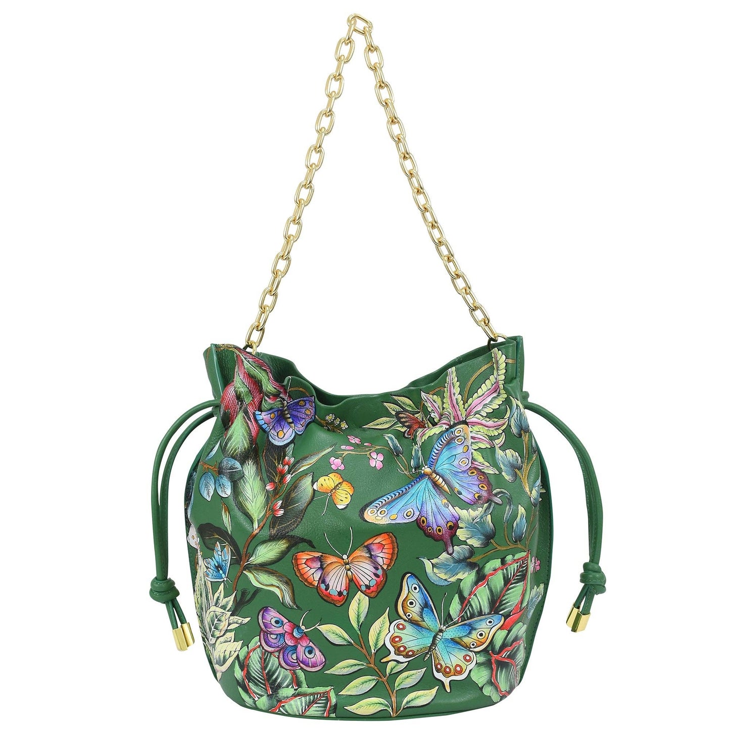 Anuschka Drawstring Bucket Bag - 723-green with butterfly