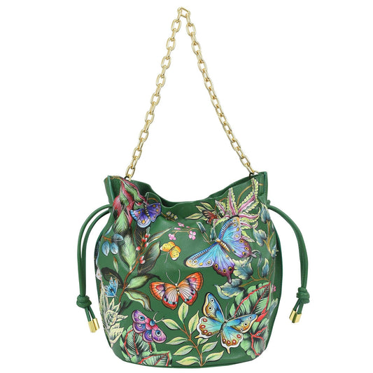 Anuschka Drawstring Bucket Bag - 723-green with butterfly