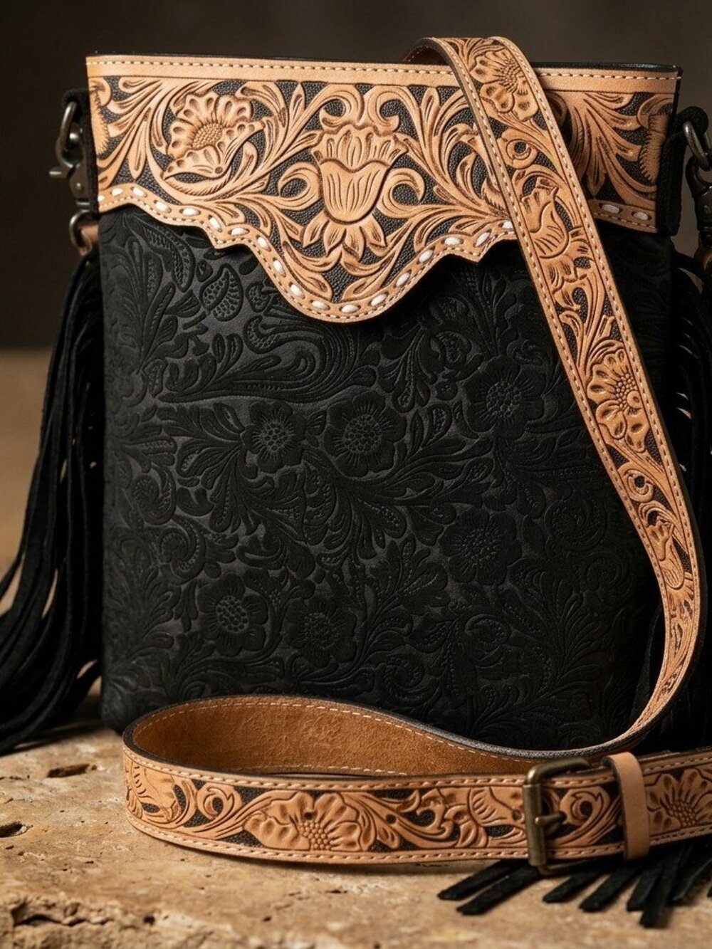 American Darling Western Fringe Tooled Crossbody Bag