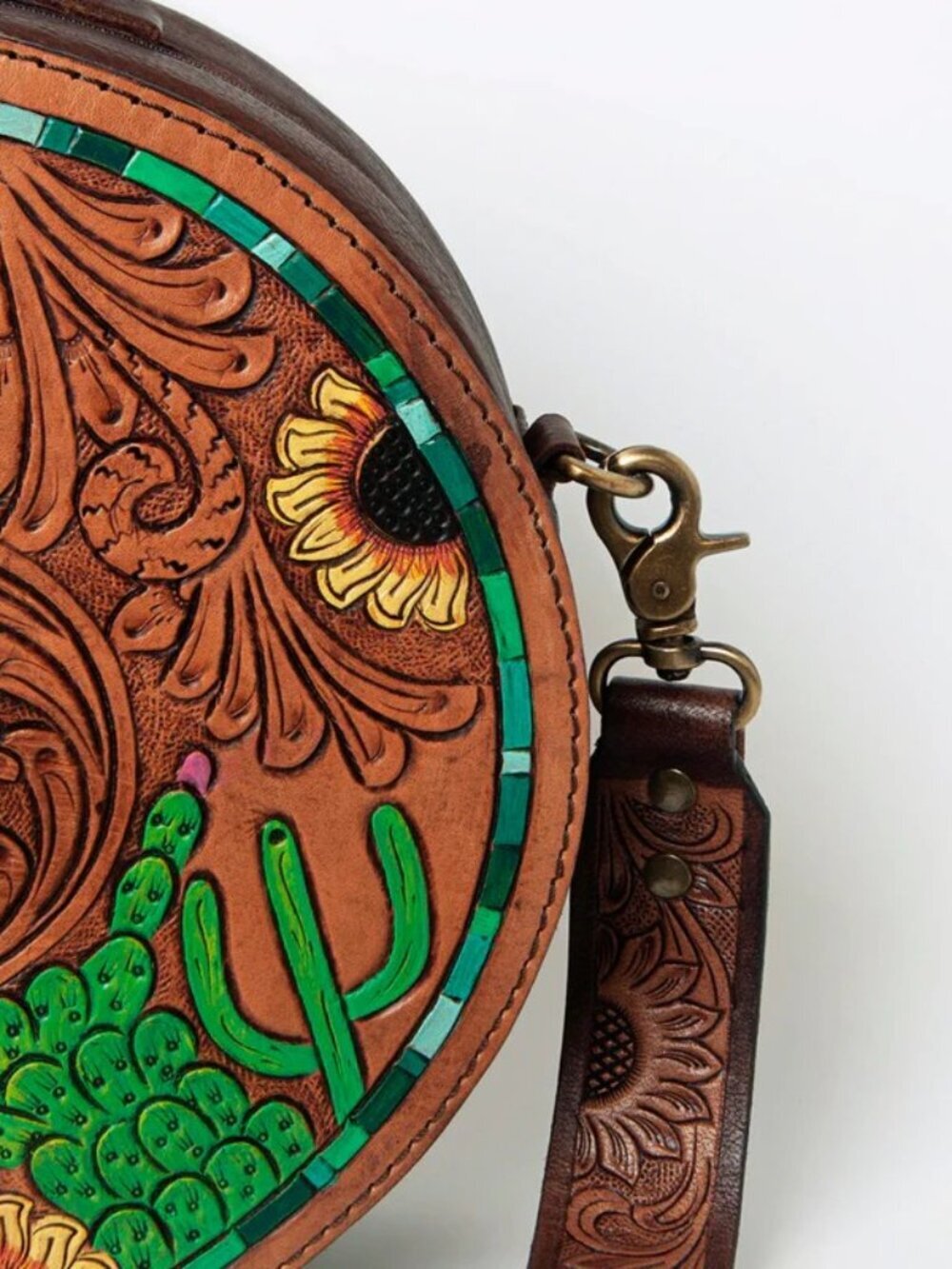 American Darling Desert Sunflower Bloom Tooled Crossbody Canteen Bag
