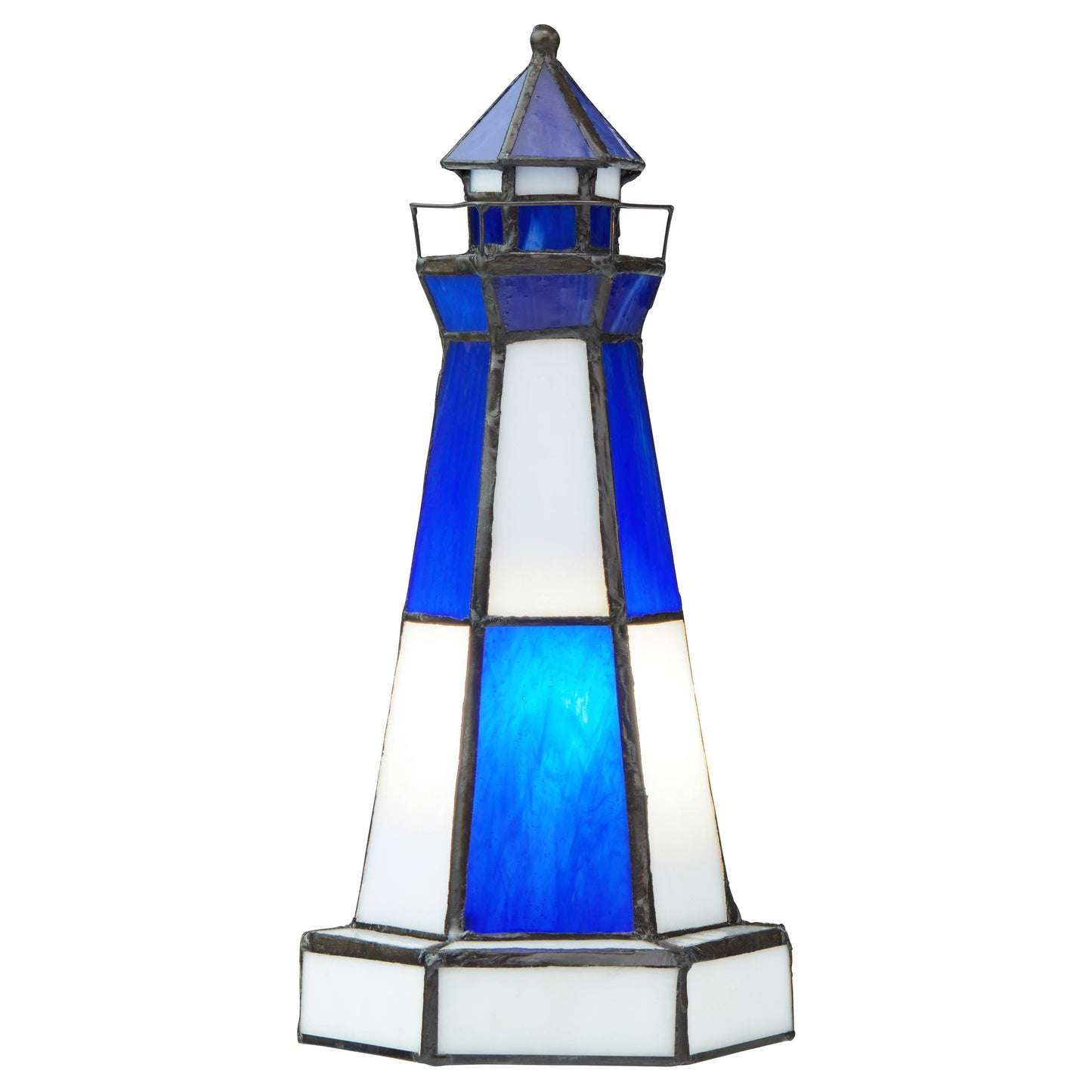 10.4"H Tiffany-Style  Blue & White Stained Glass Lighthouse Accent Lamp