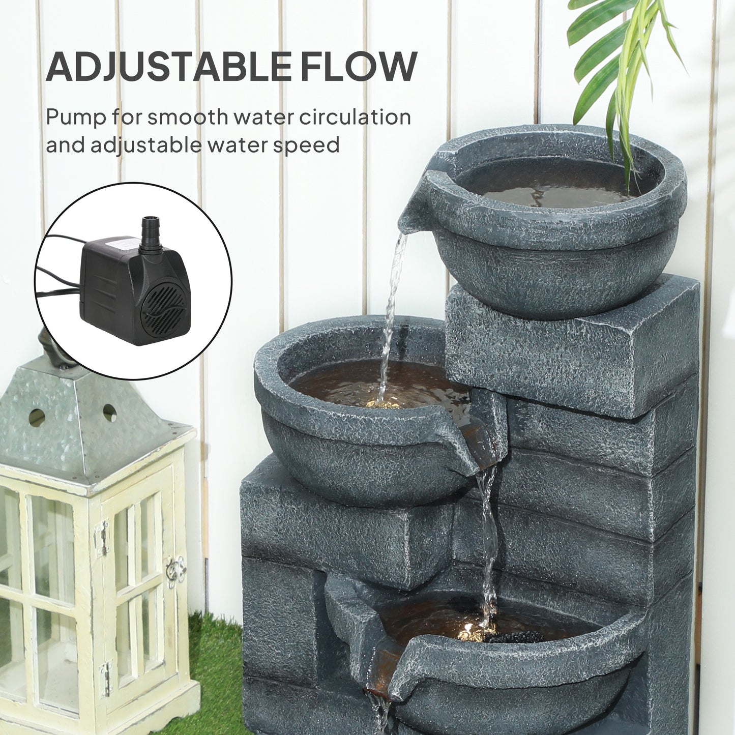30" Tall Outdoor Waterfall Fountain With LED Lights, 4-Tier Resin Cascading Water Bowls With Pump, Gray