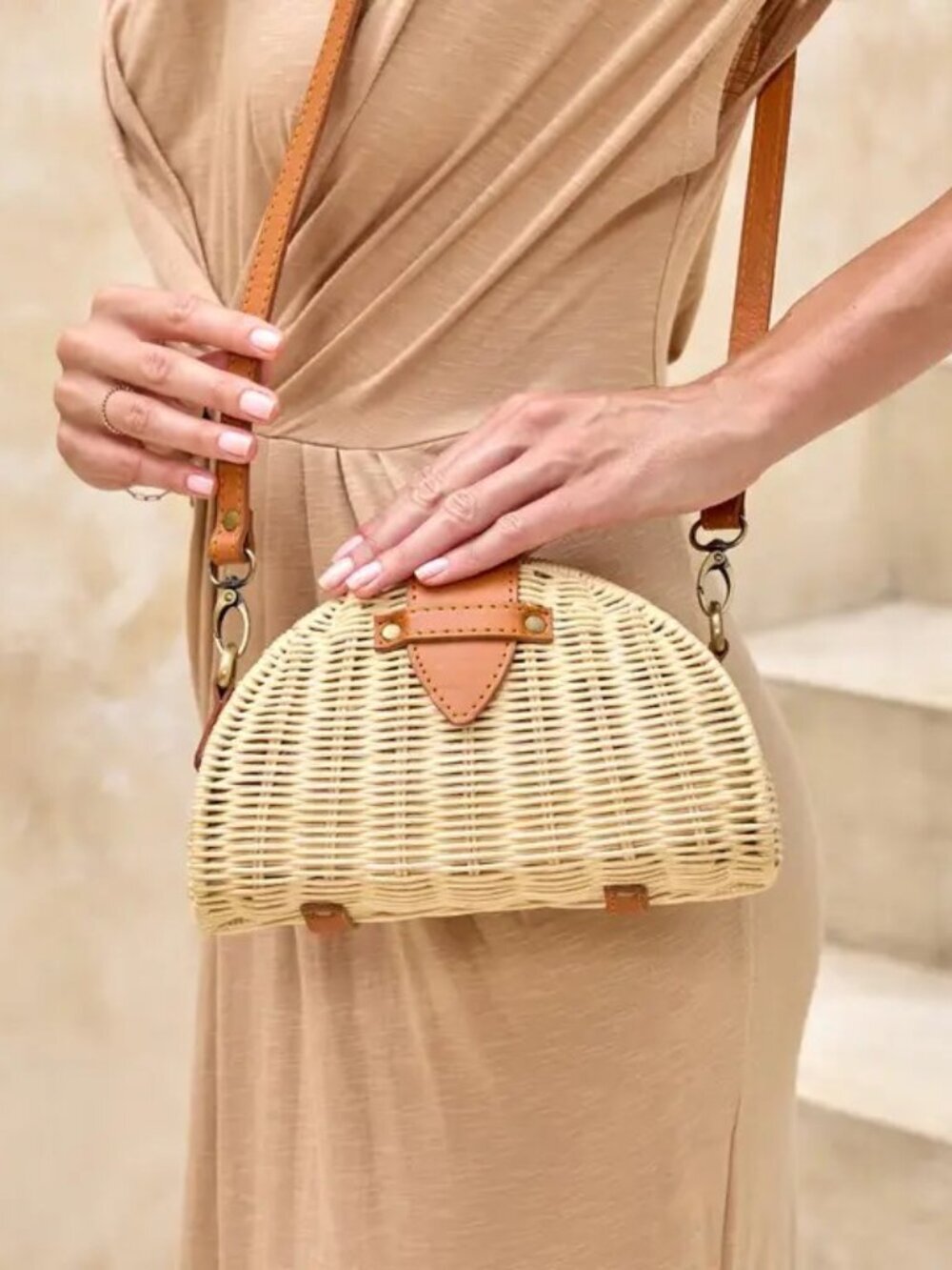 Rattan Crossbody Clamshell Clutch with leather accents and strap