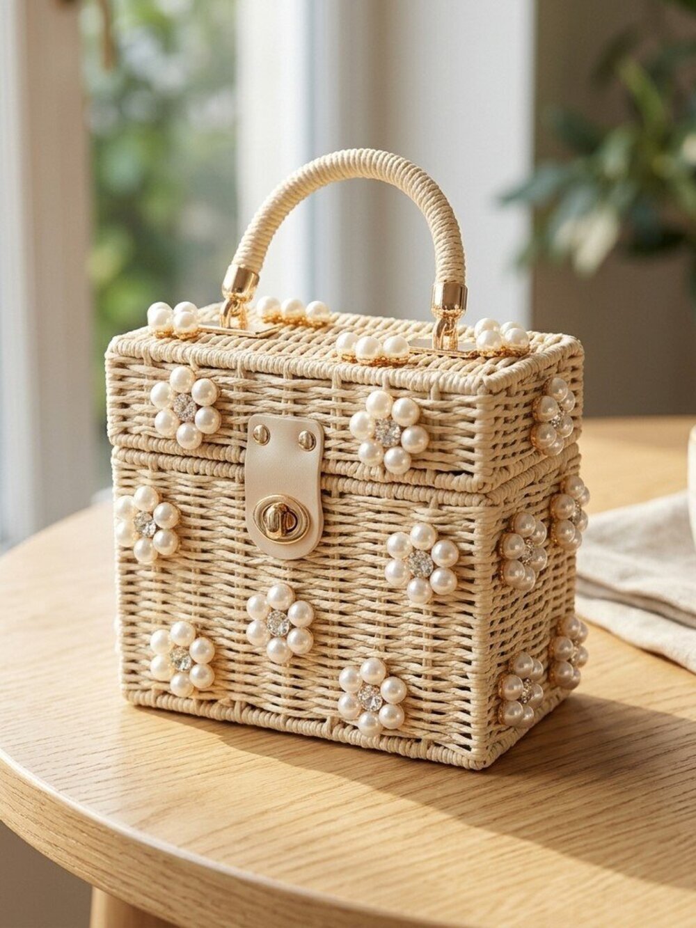 Pearl Bloom Wicker Bucket purse