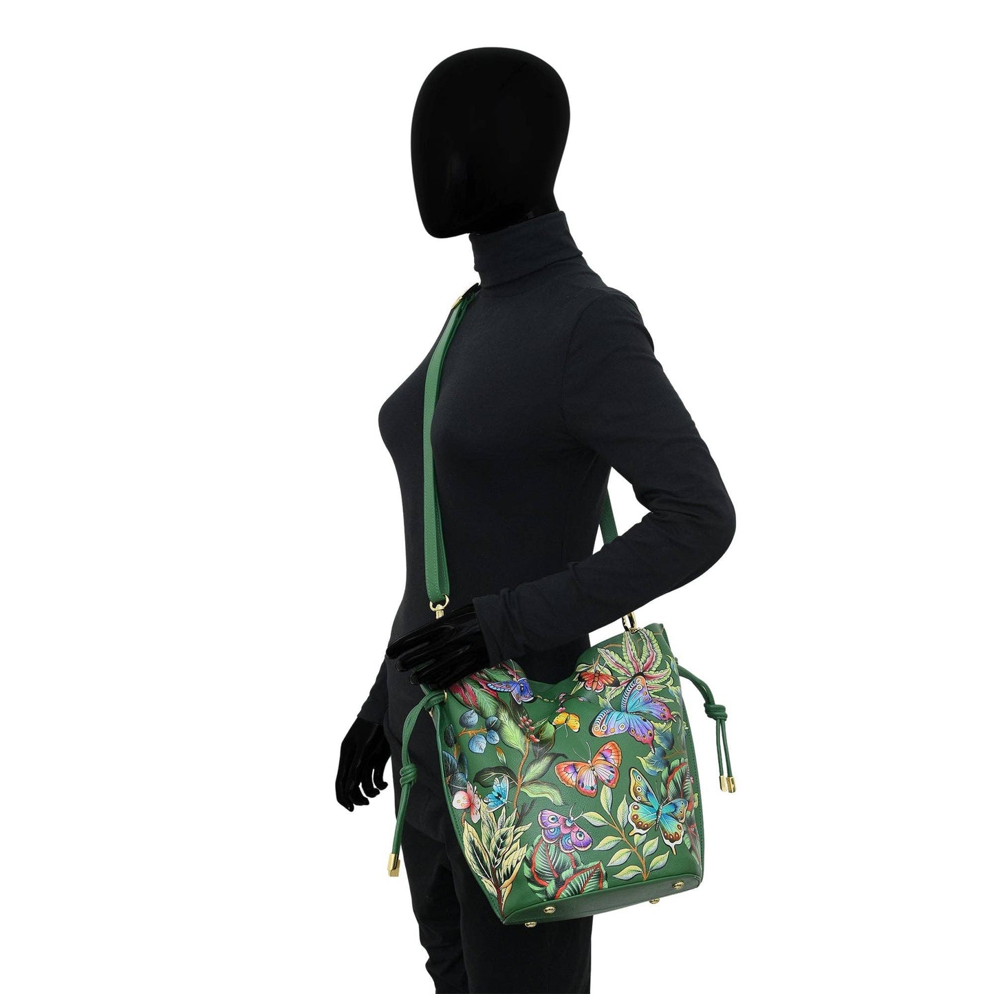 Anuschka Drawstring Bucket Bag - 723-green with butterfly