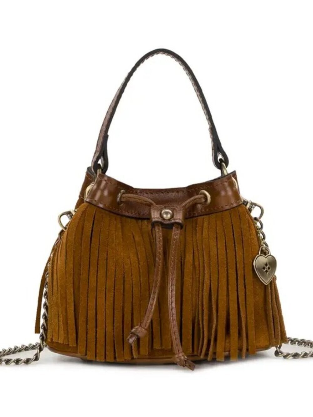 Patricia Nash Mini Elisa Chain Crossbody with Heart Charm - Suede Leather Fringe